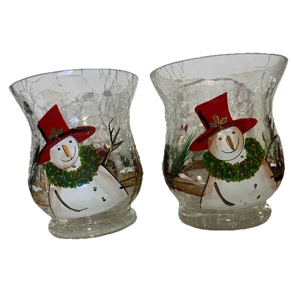 2 Yankee Candle Snowman Winter Crackle Glass Votives set Tealight Holiday XMas - Picture 2 of 12